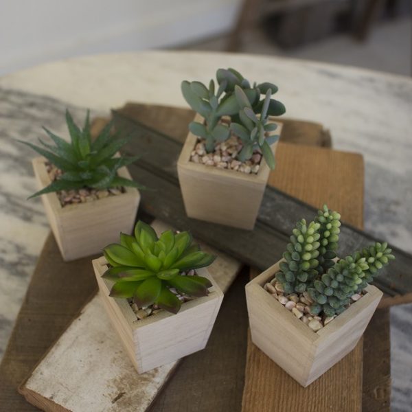 ARTIFICIAL SUCCULENTS IN A WOODEN POT